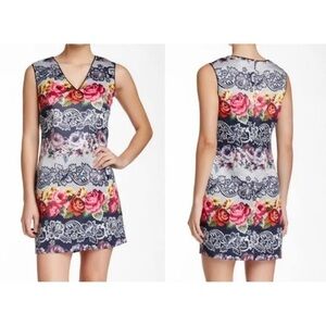 Cynthia Steffee Sz 2 Floral Pixelated Rose Print Shift Sheath Dress V Neck